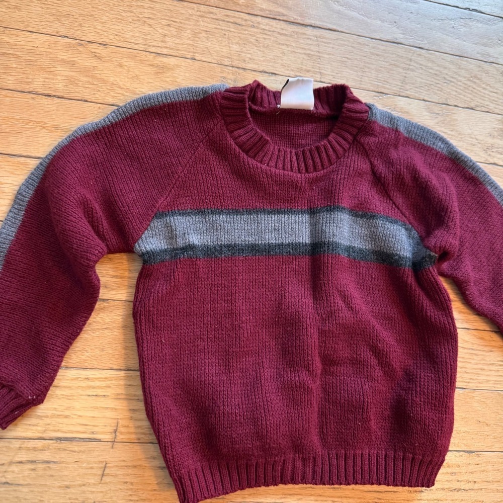 Peek-A-Babe vintage Knit‎ Sweater Burgundy Maroon Grey Striped Crew Neck Raglan